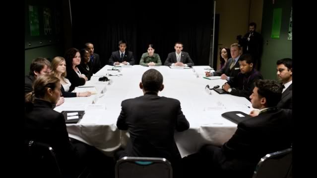 President Barack Obama drops by the Youth Engagement Roundtable at the Winning the Future Forum on Small Business at Cleveland State University in Cleveland, Ohio, Feb. 22, 2011. (Official White House Photo by Pete Souza)