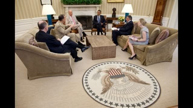 President Barack Obama and Vice President Joe Biden meet with Secretary of Defense Leon Panetta and Chairman of the Joint Chiefs of Staff Admiral Mike Mullen in the Oval Office to discuss the DADT (Don't Ask, Don't Tell) repeal certification, July 22, 2011. National Security Advisor Tom Donilon and Kathryn Ruemmler, Counsel to the President, also attend the meeting. (Official White House Photo by Pete Souza)